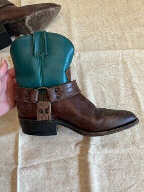 Frye Billy harness boots turquoise and brown